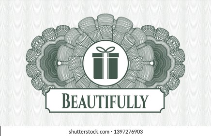 Green rosette or money style emblem with gift box icon and Beautifully text inside