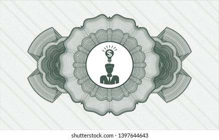 Green rosette (money style emblem) with business idea icon inside
