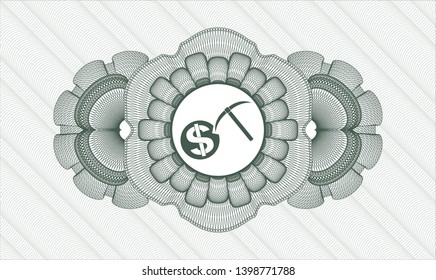 Green rosette (money style emblem) with cryptocurrency mining icon inside