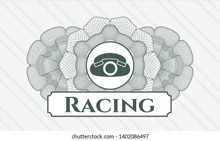 Green rosette or money style emblem with phone icon and Racing text inside