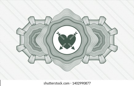 Green rosette (money style emblem) with heart with two arrows icon inside
