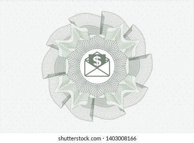 Green rosette (money style emblem) with envelope with paper with money symbol inside icon inside