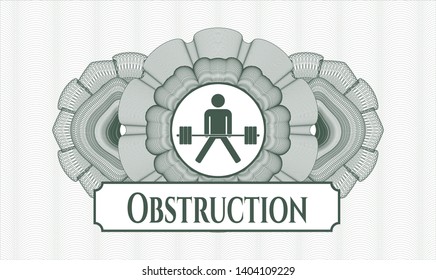 Green rosette or money style emblem with sumo deadlift icon and Obstruction text inside