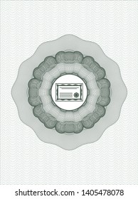 Green rosette or money style emblem with certificate icon inside