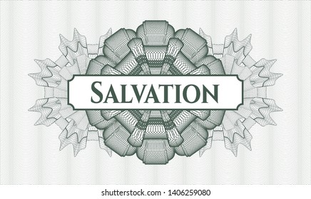 Green rosette or money style emblem with text Salvation inside