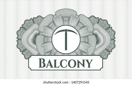 Green rosette or money style emblem with pickaxe icon and Balcony text inside