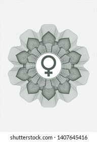 Green rosette or money style emblem with female icon inside