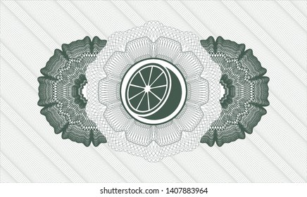 Green rosette or money style emblem with orange icon inside