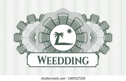 Green rosette or money style emblem with beach icon and Weedding text inside