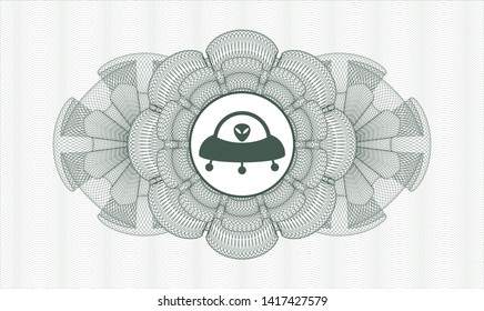 Green rosette or money style emblem with ufo with aline inside icon inside