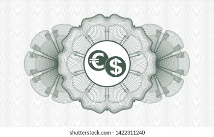 Green rosette or money style emblem with currency exchange icon inside