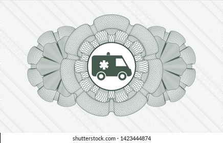 Green rosette or money style emblem with ambulance icon inside