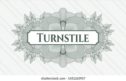 Green rosette (money style emblem) with text Turnstile inside