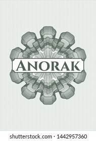 Green rosette (money style emblem) with text Anorak inside
