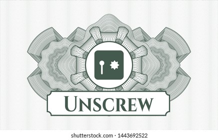 Green rosette (money style emblem) with safe, safety deposit box icon and Unscrew text inside