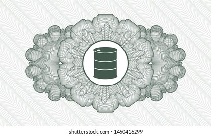 Green rosette or money style emblem with barrel icon inside