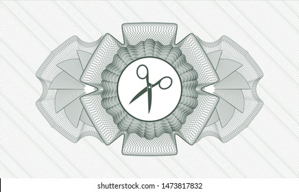 Green rosette (money style emblem) with scissors icon inside