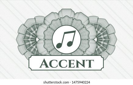Green rosette (money style emblem) with musical note icon and Accent text inside