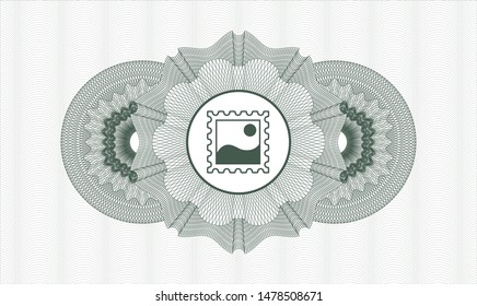 Green rosette or money style emblem with picture icon inside