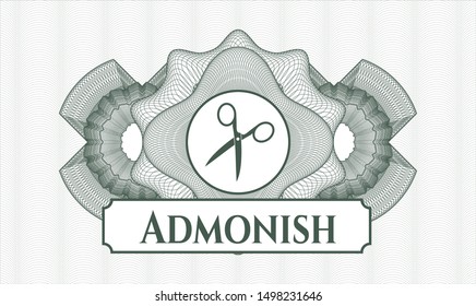 Green rosette (money style emblem) with scissors icon and Admonish text inside