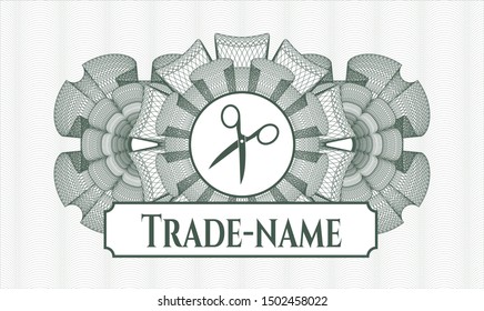 Green rosette or money style emblem with scissors icon and Trade-name text inside