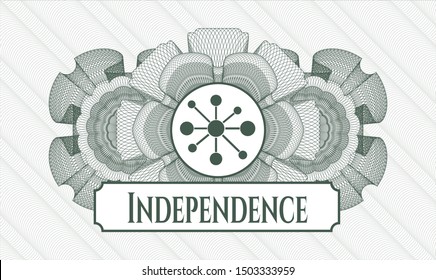 Green rosette (money style emblem) with business network icon and Independence text inside