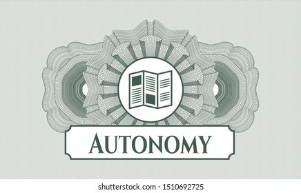 Green rosette (money style emblem) with brochure icon and Autonomy text inside