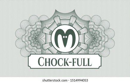 Green rosette or money style emblem with goat head icon and Chock-full text inside