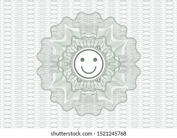 Green rosette or money style emblem with happy face icon inside