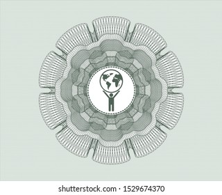 Green rosette or money style emblem with man lifting world icon inside