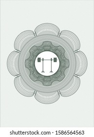 Green rosette (money style emblem) with barbell on rack icon inside