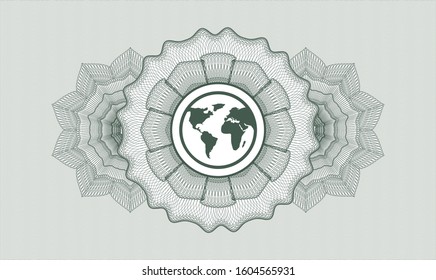 Green rosette or money style emblem with earth icon inside