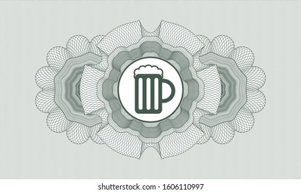 Green rosette or money style emblem with beer jar icon inside