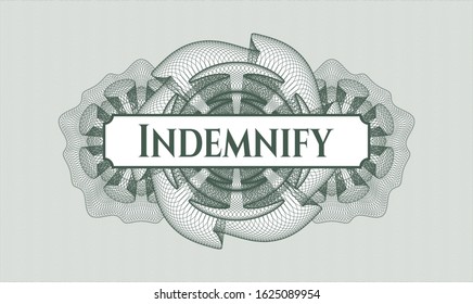 Green rosette or money style emblem with text Indemnify inside