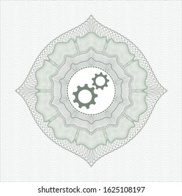 Green rosette money style emblem with gear, team work icon inside