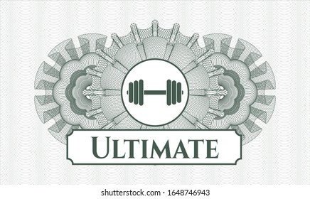 Green rosette or money style emblem with dumbbell icon and Ultimate text inside