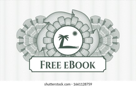Green rosette (money style emblem) with beach icon and Free eBook text inside