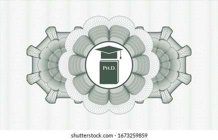 Green rosette or money style emblem with Phd thesis icon inside