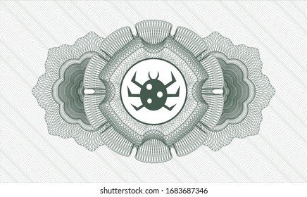 Green rosette or money style emblem with bug icon inside