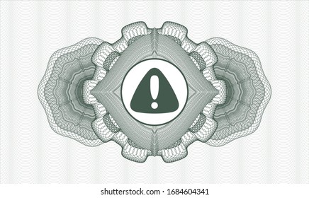 Green rosette or money style emblem with warning icon inside