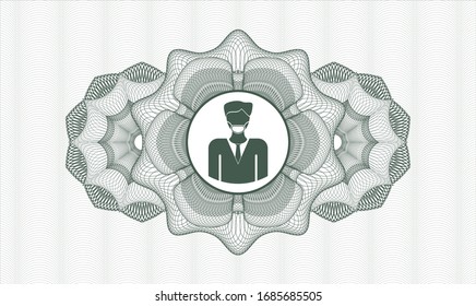 Green rosette or money style emblem with man wearing face mask icon inside
