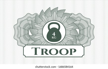 Green rosette (money style emblem) with 4kg kettlebell icon and Troop text inside