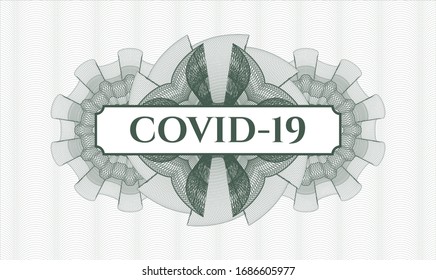 Green rosette or money style emblem with text COVID-19 inside