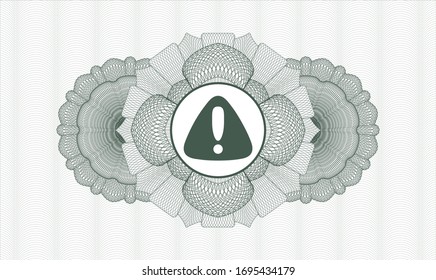 Green rosette or money style emblem with warning icon inside