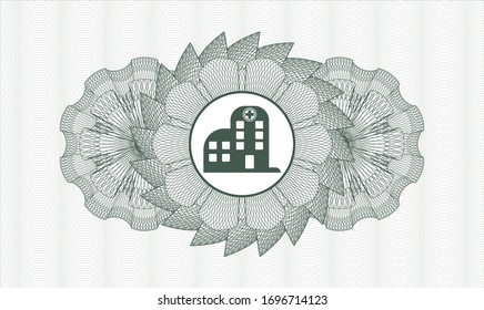 Green rosette (money style emblem) with hospital icon inside