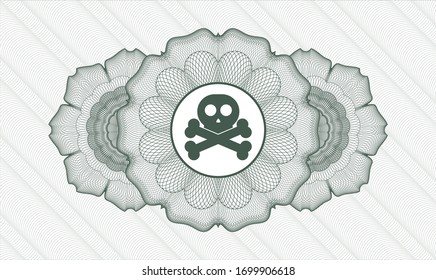 Green rosette or money style emblem with crossbones icon inside