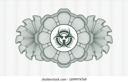 Green rosette (money style emblem) with biohazard covid-19 icon inside