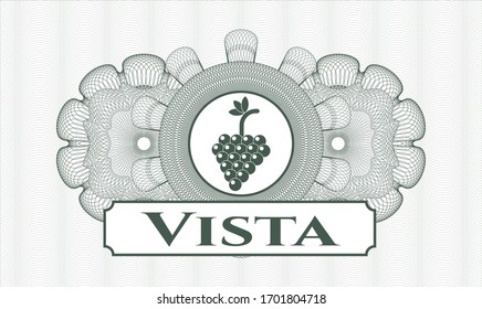 Green rosette (money style emblem) with bunch of grapes icon and Vista text inside