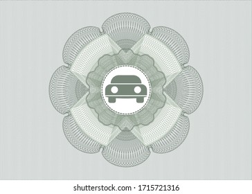 Green rosette or money style emblem. with car seen from front icon inside
