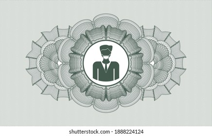 Green rosette (money style emblem). Vector Illustration. Detailed with man wearing face mask icon inside